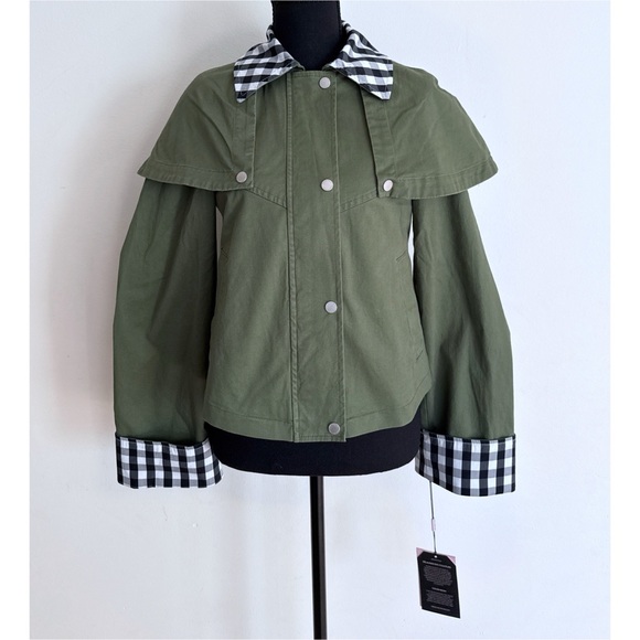 NWT Anthropologie Avec Les Filles Gingham Plaid Trim Cape Green Utility Jacket - Picture 2 of 11